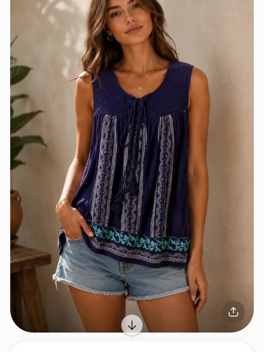 hazel Navy Embroidered Tie-Front Tank